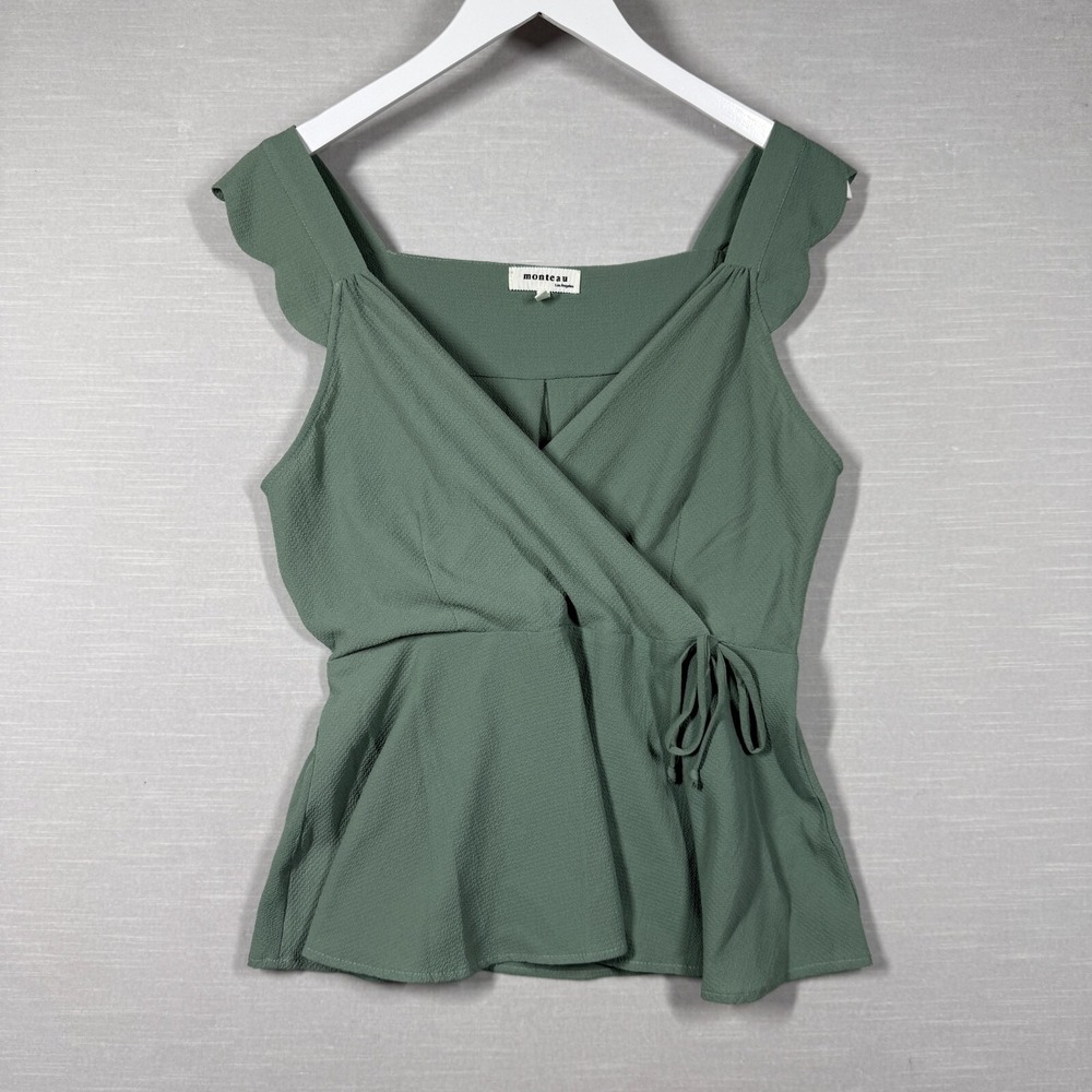 Monteau Top Womens Large Green Faux Wrap Romantic Chic Flowy Clean Cottage Core